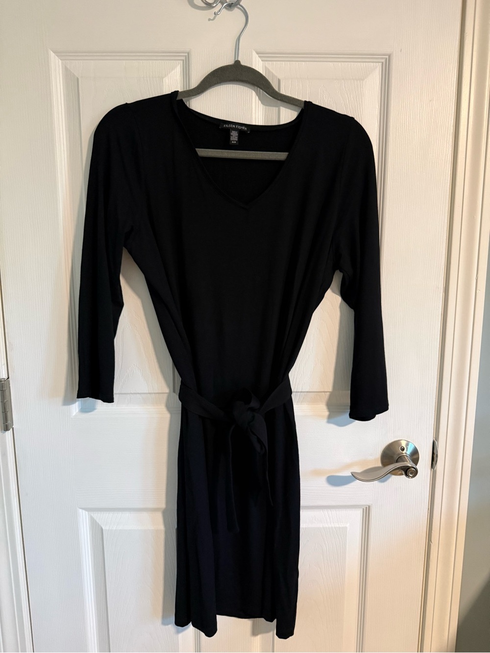 Eileen Fisher Black 3/4 Sleeve V-Neck Tie-Waist Dress - Size Medium